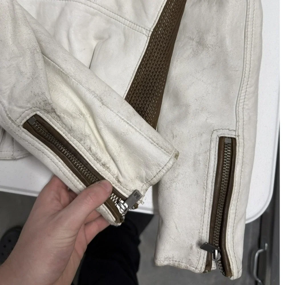 MICHAEL KORS Women Moto Jacket White Brown Leather Biker‎ Style Size M